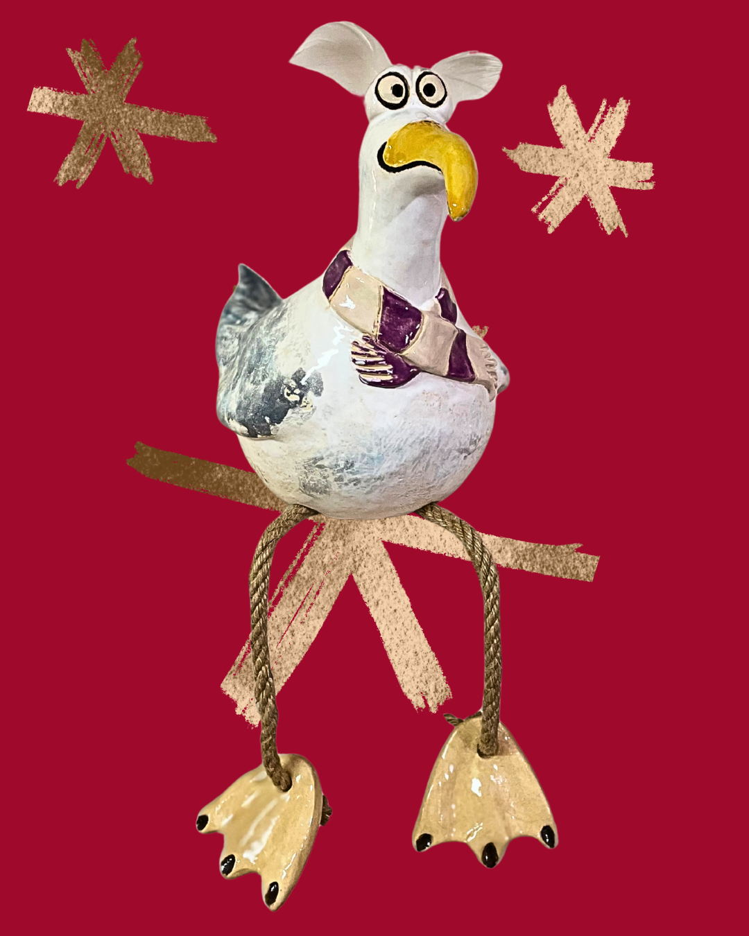 Möwe "Nordwind" - Keramikfigur mit baumelnden Beinen - von Hand modelliert und frei glasiert