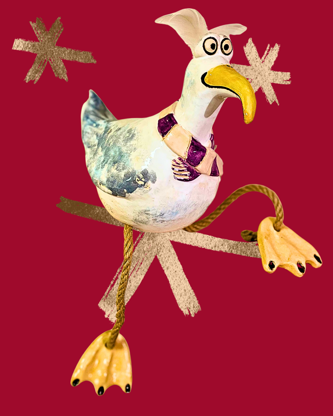 Möwe "Nordwind" - Keramikfigur mit baumelnden Beinen - von Hand modelliert und frei glasiert